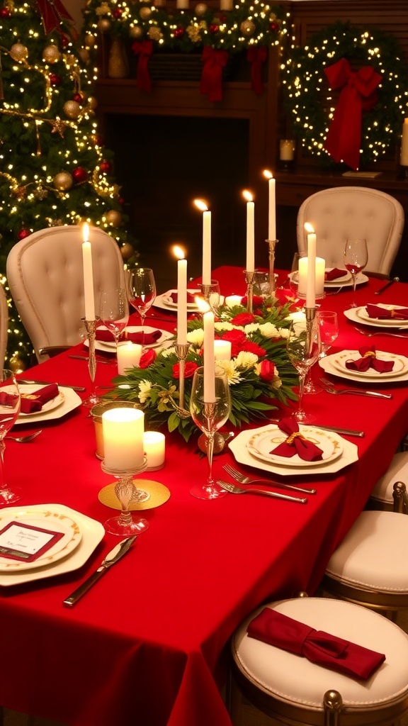 Elegant Christmas table setting with red linens, white plates, and festive decorations.
